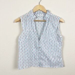 Sleeveless Printed V-Neck Blouse - Blue & White